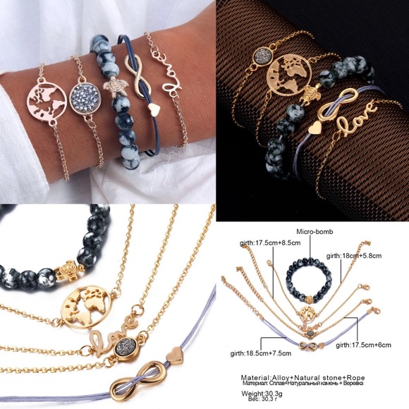 5pcs Beaded Druzy Love Chain Stacking Bracelet Set - Picture 2 of 7